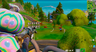 Fortnite chams and skeleton ESP cheat overlay on a wooden pier