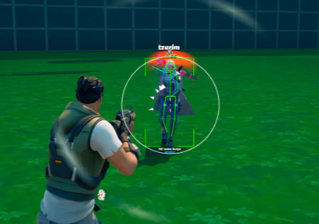 Fortnite player ESP wallhack showing skeletons, boxes, and distance meters